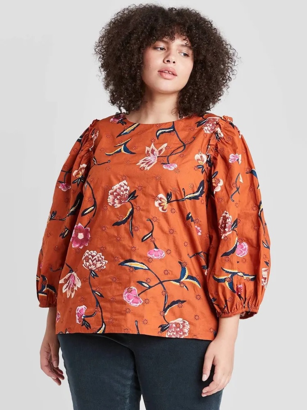 Universal Thread Rust Floral Puff-Sleeve Blouse